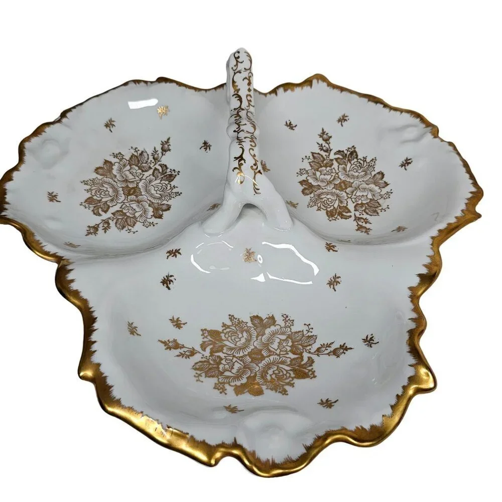 Vintage Porcelaine De France Hand Painted Divided Serving Dish Gold Trim & Flora